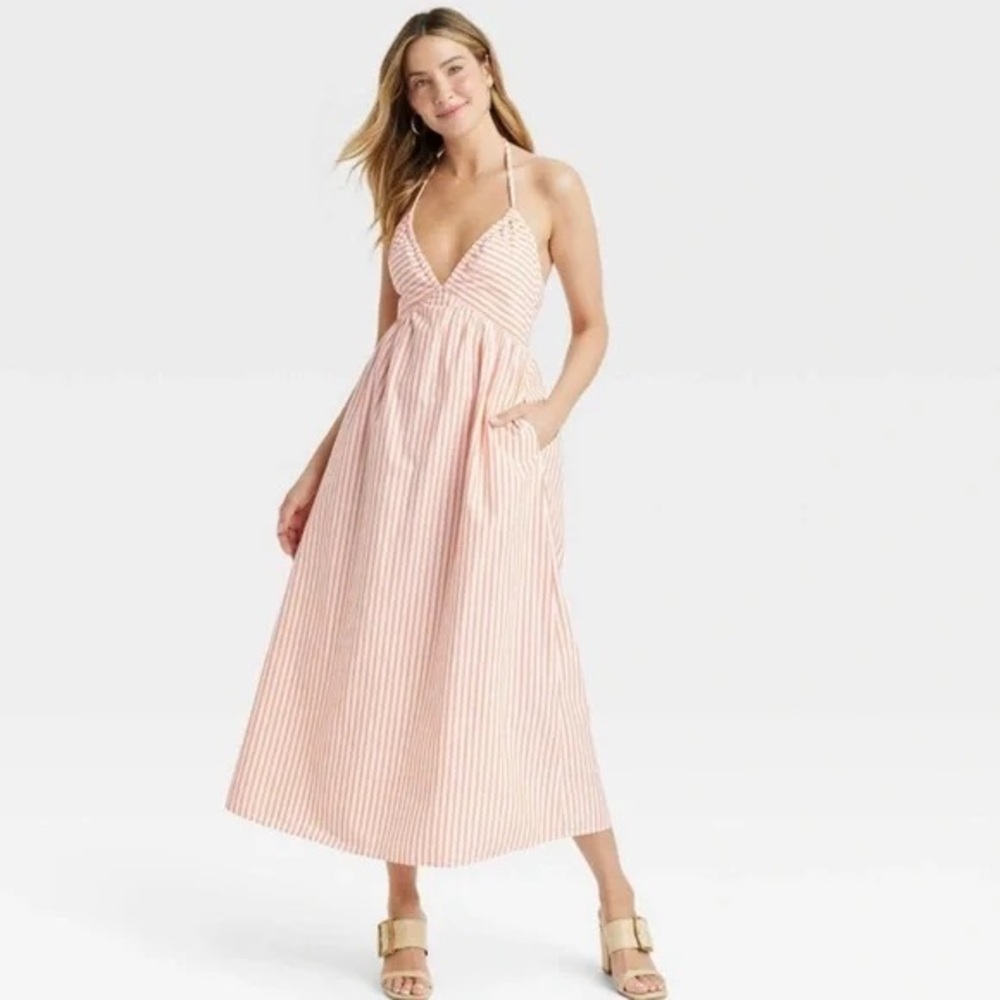 Orange and White Striped Halter Midi Dress